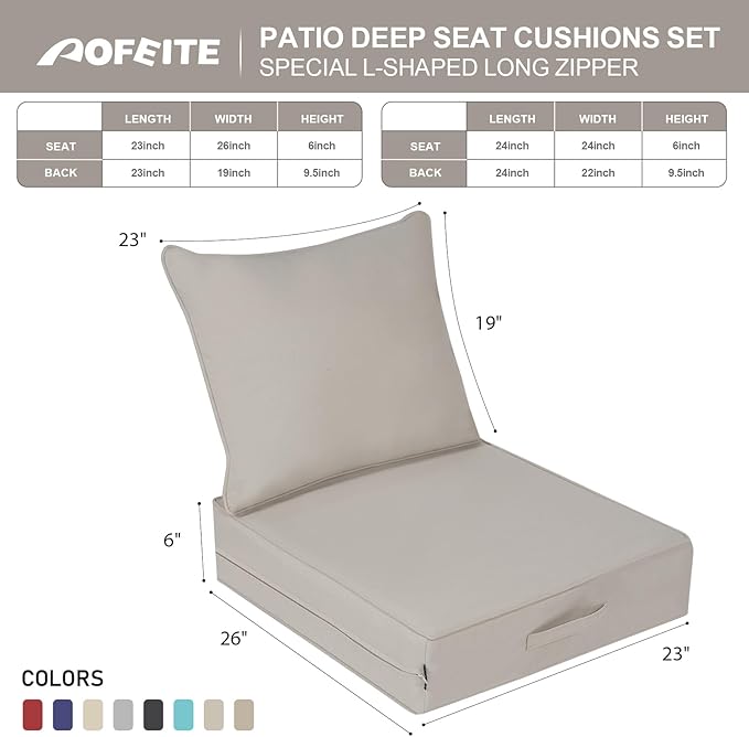 Outdoor Olefin Water-Resistant Deep Seat Cushion Set, 23''x26''x6'' Weather and Fade Resistant Patio Furniture Seat Cushion, Thickened Sofa Chair Pad with Straps for Lawn, Garden, Gray Apricot
