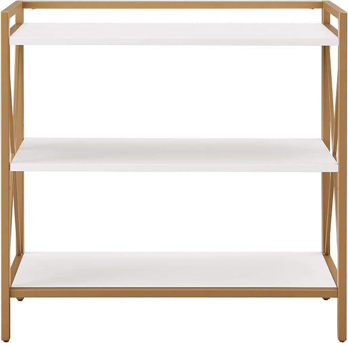 Leick Home Claudette Bookshelf, Satin Gold, 3 Shelves, Easy Assembly, 12 in D x