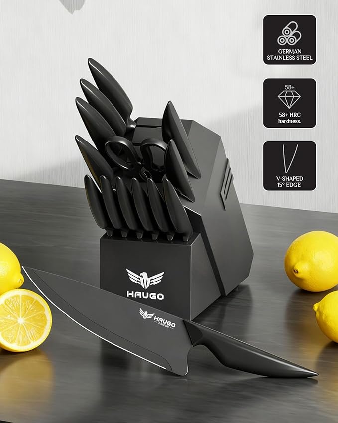 Haugo Kitchen Knife Set with Block: 15-Piece High Carbon Stainless Steel Professional Knives - Dishwasher Safe with Sharpener - Comfortable Grip Reduces Hand Fatigue 30% - Black