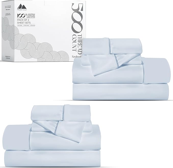 Mayfair Linen 100% Egyptian Cotton 2 Pack Twin XL Sheet Set - 500 Thread Count Cotton Sheets Twin XL Size (6 PC, Light Blue), Soft, Cooling, Sateen Weave, 16" Deep Pocket College Dorm Room Bed Sheet