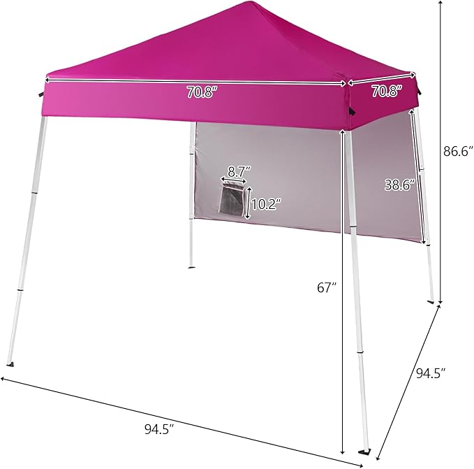Bonnlo 6x6 Pop Up Canopy Tent, Outdoor Foldable Easy Up Party Tent with 1 Sidewall, Slant Legs Portable Gazebo for Camping, Parties (Pink)