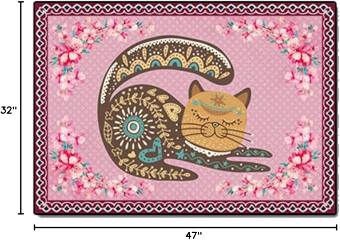 Cartoon Animal Pattern Area Rug Cute Cat Luxury Floral Decor for Carpet Farmhouse Bedroom Living Room Rugs Bathroom Kitchen Runner Mat Indoor Outdoor Non Slip Doormat 2.6' X 4'