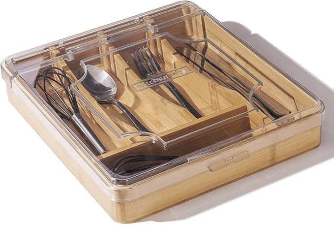 Kitchen Drawer Organizer, 13 Inch Silverware Utensil Tray Holder,with Removable Lid, 5 Slots Total Bamboo Wood Caddy for Flatware Cutlery Knives, Forks, Spoons.