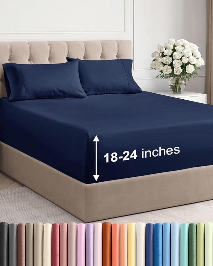 Extra Deep Pocket King Sheets - 4 Piece Breathable & Cooling Bed Sheets - Hotel Luxury Bed Sheet Set - Soft, Wrinkle Free & Comfy - Easily Fits Extra Deep Mattresses - Deep Pocket Navy Blue Sheets Set