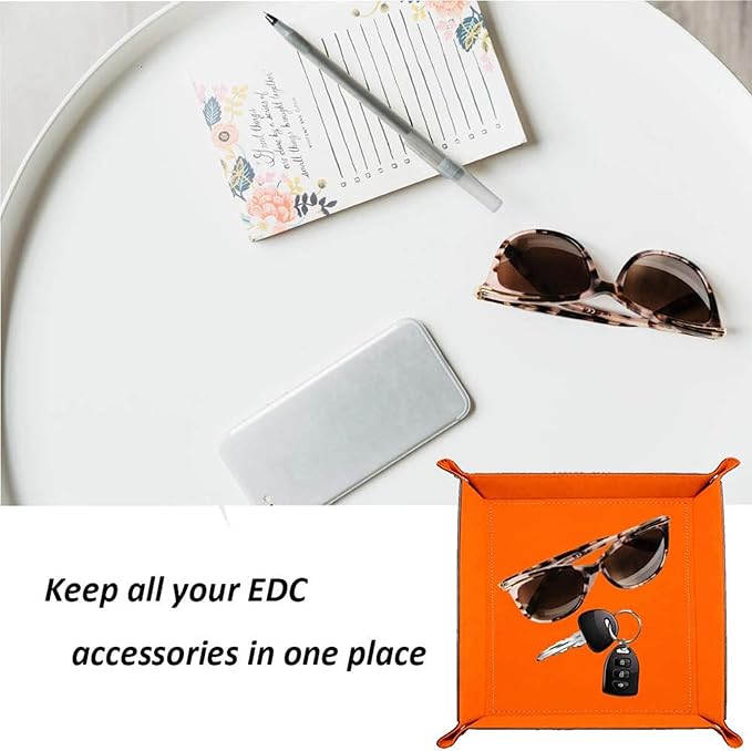Valet Tray Desktop Storage Organizer – Vegan Leather Catchall Tray Bedside Vanity Tray Nightstand Caddy Holder for Remote Controller, Watch, Keys, Phone, Wallet, Coin, Jewelry, Brown
