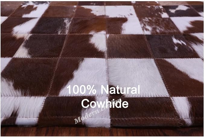 Modern Design Premium Cowhide Leather Carpet with Chevron Pattern, Area Rug (Brwon/White, 3x10)