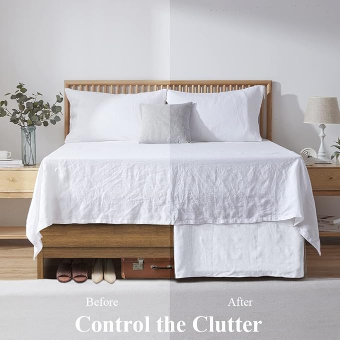 Simple&Opulence Belgian Linen Bed Skirt with Classic 14 inch Tailored Drop Dust Ruffle, Easy Fit Breathable Premium Natural Flax- Basic White, King