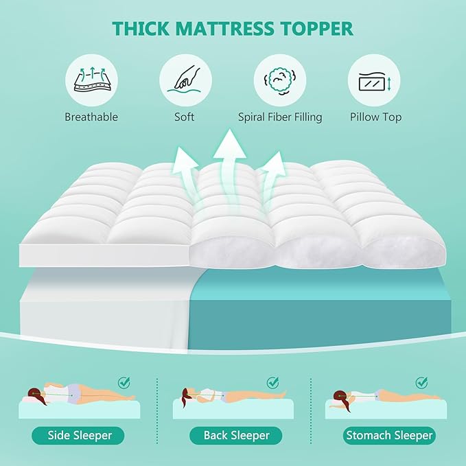 Queen Mattress Topper - Extra Thick Mattress Pad Cover - Pillow Top with Soft Breathable Spiral Fiber Filling, 8-21 Inch Deep Pocket, Cooling, White
