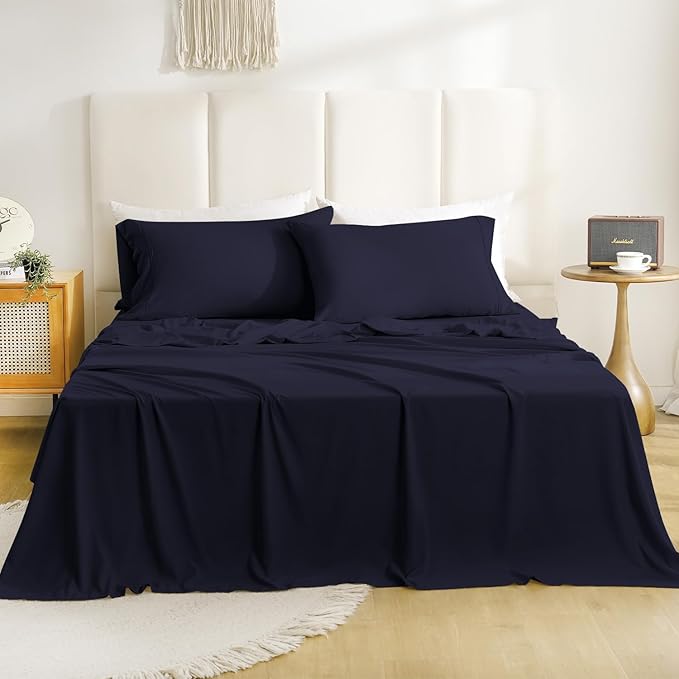 Lightweight King Sheet Set - 4 Piece Silky Soft Breathable Bed Sheet & Pillowcase Set, 16" Deep Pocket Hotel Luxury Wrinkle Free Easy Care Bedding Sheets, Dark Blue