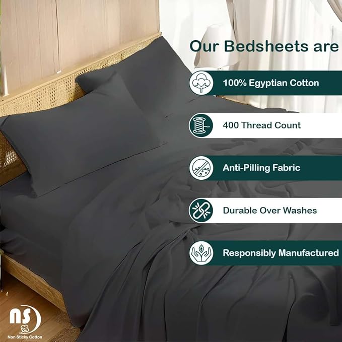 NON Sticky cotton Queen Size Sleeper Sofa Sheets, 4 Piece Egyptian Cotton Bed Sheet Set for Sofa Bed, 8" Deep Pocket for Pull Out Couch Mattress, 60" x 75", Dark Grey Solid, Soft & Breathable