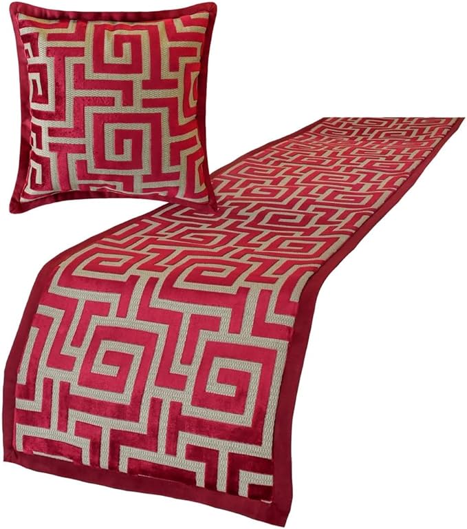 The HomeCentric King/Queen/Twin Red Designer Full 68"x18" Bed Runner with 2 Pillow Cover, Maze Bed Scarf on Velvet Fabric - Path