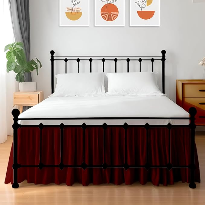 Shreem Linen Ruffled Bed Skirt with Split Corners, Gathered Style, 100% Microfiber, 8-Inch Drop, Dust Ruffle Bedskirt with Platform, Full, Burgundy