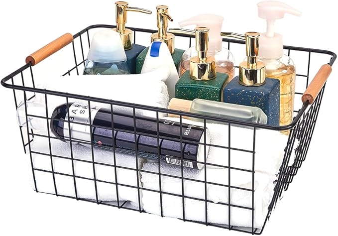 LeleCAT Large black wire baskets with Wooden Handles for storage pantry, Storage Organizer Baskets, Household Refrigerator for Cabinets, Closets, Bedrooms, kitchen - Set of 3 Black