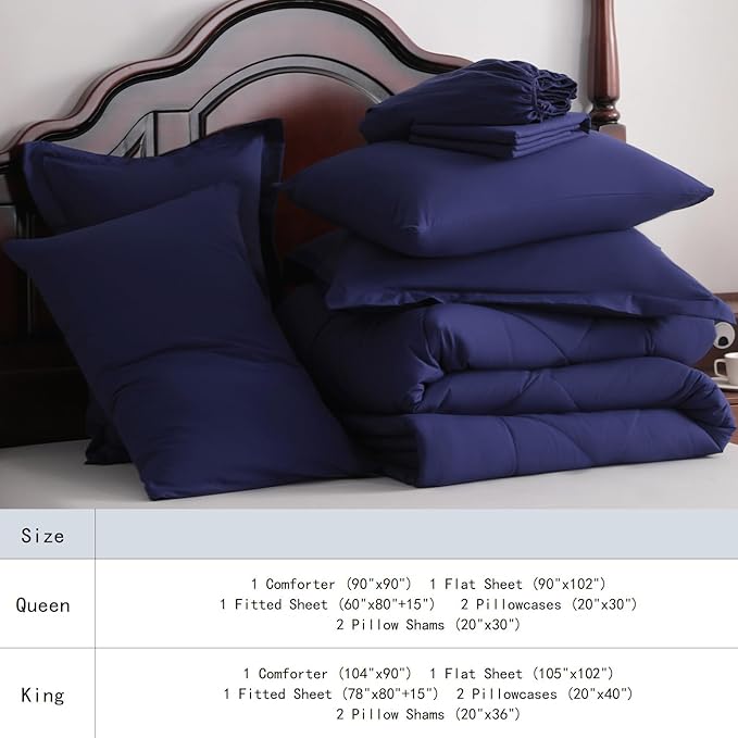 NTBAY King Comforter Set with Sheets, 7 Pieces Soft and Breathable King Bedding Set, Bed in a Bag, Down Alternative Comforter Set Solid Color All Season, Navy Blue