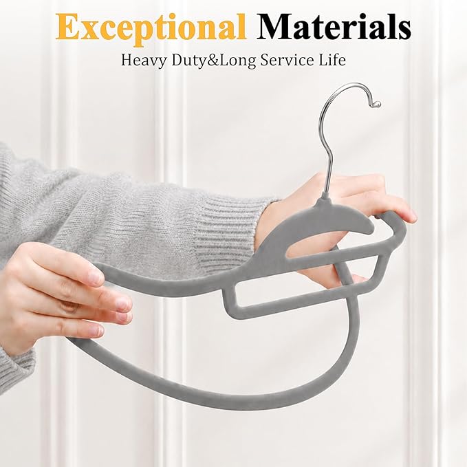 Velvet Hangers 50 Pack, S-Shaped and Stackable Non Slip with 360°Swivel Hook, Ultra Thin and Space Saving Flocked, for Suits, Shirts, Coats, 15Lbs Capacity Heavy Duty, Grey