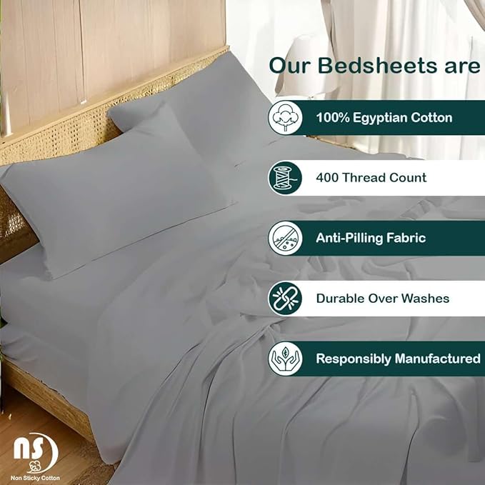 NON Sticky cotton Twin Size Sleeper Sofa Sheets, 4 Piece Egyptian Cotton Bed Sheet Set for Sofa Bed, 6" Deep Pocket Fitted Sheet for Pull Out Couch Mattress, 39" x 75", Light Grey Solid