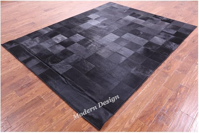 Modern Design Premium Cowhide Leather Carpet with Chevron Pattern, Area Rug (Black, 3x14)