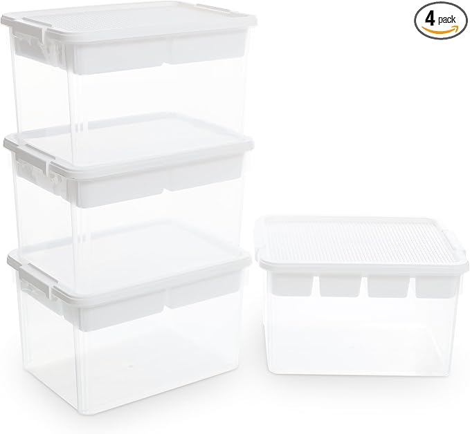 Citylife 32 QT Stackable Toy Storage with Building Baseplate Lid and Removable Tray Tool Box Organizer Storage Bins with Lids for Organizing Bead, Tool, Sewing, 4 Packs