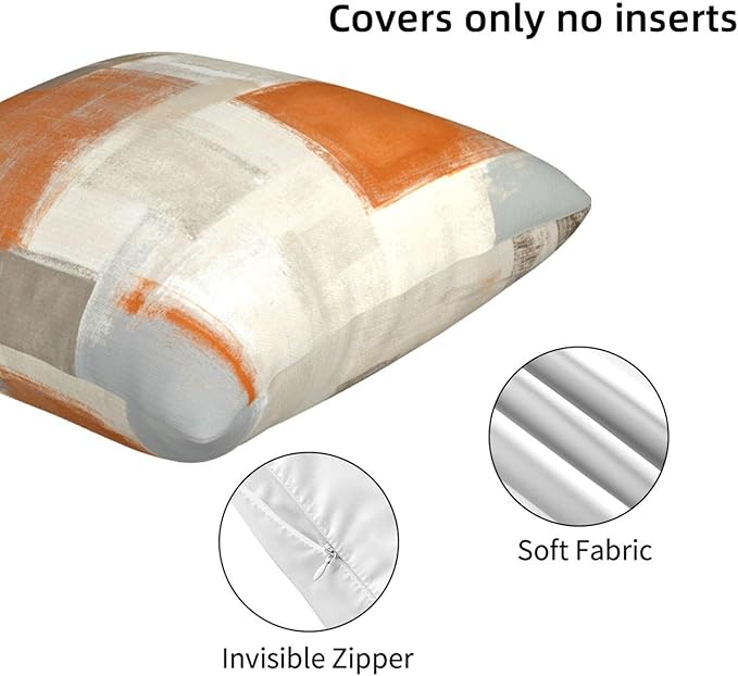 bassyil Orange Grey Abstract Art Painting Throw Pillow Covers Decorative Linen Pillow Cases Set of 2 Square Cushion Cover for Couch Sofa Bedroom Patio 18x18 Inch