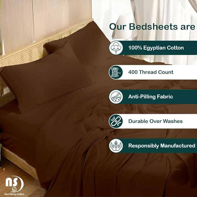 NON Sticky cotton Full Size Sleeper Sofa Sheets, 4 Piece Egyptian Cotton Bed Sheet Set for Sofa Bed, 10" Deep Pocket for Pull Out Couch Mattress, 54" x 75", Chocolate Solid, Soft & Breathable
