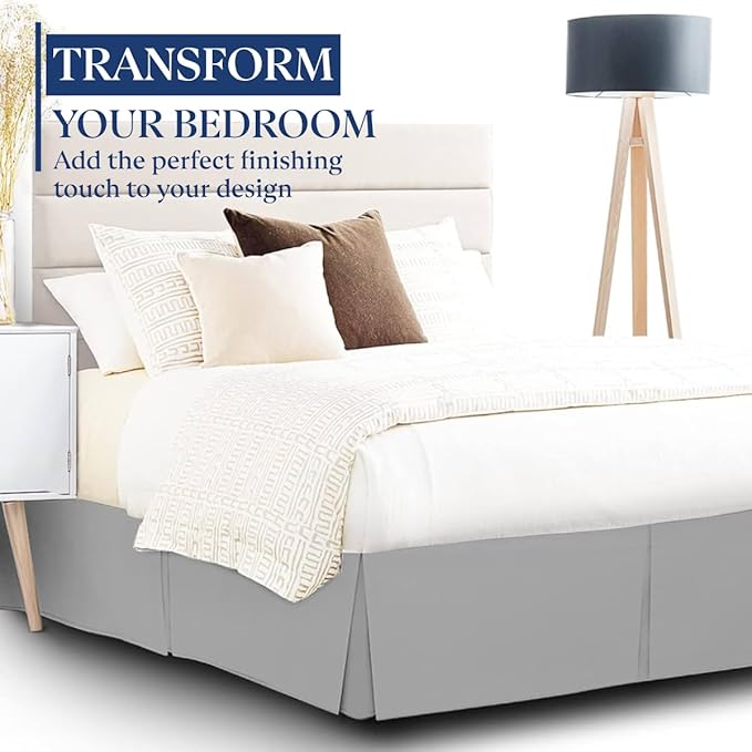 SKY BEDDINGS Luxury Pleated Queen Bed Skirt with Split Corners - 21 Inch Tailored Drop - Pleated Dust Ruffle - Wrinkle-Free 100% Microfiber - Easy Fit, Soft & Durable - Light Grey