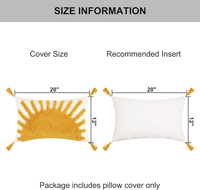 Adabana Decorative Boho Throw Pillow Covers 12x20, Lumbar Tufted Pillows Cover for Couch Bed, Sun Sunshine Pillow Cover for Kids