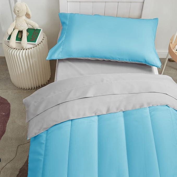 UOZZI BEDDING 4 Pieces Toddler Bedding Set Ultra Soft and Breathable Toddler Sheet Set - Includes Comforter, Flat Sheet, Fitted Sheet and Pillowcase - Blue & Gray