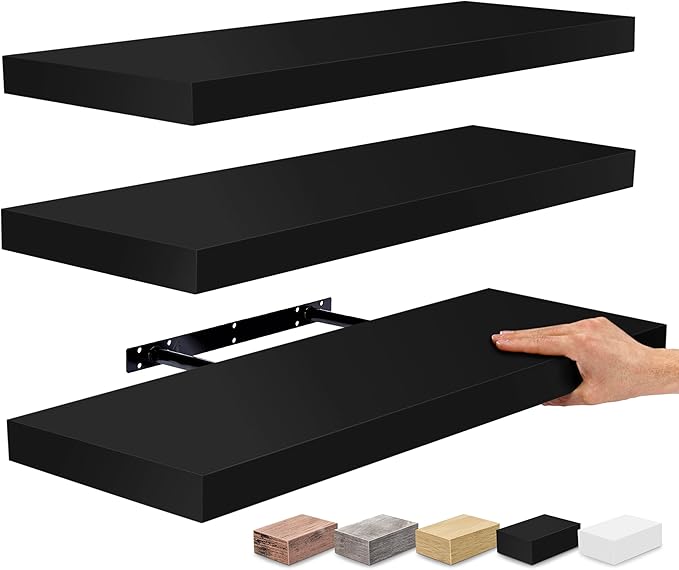 Sorbus Floating Shelves for Wall - 24" Bathroom Shelves, Wall Decor for Bedroom, Kitchen, Living Room, Home Decor & Book Storage - Mounted Floating Shelf with Invisible Brackets (Black, 3 Pack)