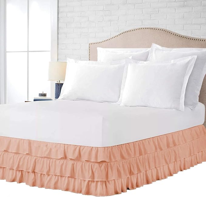 Multi-Ruffle Bed Skirt, Soft Multi Ruffle Bed Skirt Elastic Dust Ruffles with Wrap Around Bed Skirt Easy Fit with 18 Inch Drop 100% Cotton 800 Thread Count Bed Skirt (Full, Peach)