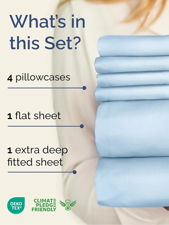 Extra Deep Queen Sheet Set - 6 Piece Breathable & Cooling Sheets - Hotel Luxury Bed Sheets Set - Easy & Secure Fit - Soft, Wrinkle Free & Comfy Sheets Set - Light Blue Sheet Set w/Extra Deep Pockets