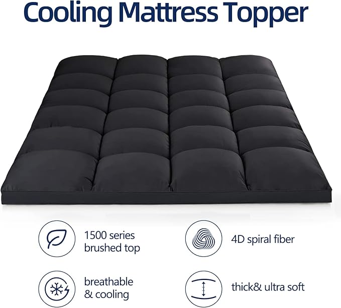 Mattress Topper Twin XL for Back Pain, Extra Thick Mattress Pad Cover, Plush Pillow Top, Deep Elastic Pocket, Black
