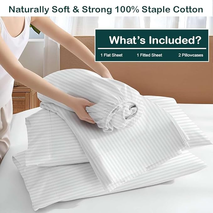 NON Sticky cotton Twin Size Sleeper Sofa Sheets, 4 Piece Egyptian Cotton Bed Sheet Set for Sofa Bed, 7" Deep Pocket for Pull Out Couch Mattress, 39" x 75", White Stripe, Soft & Breathable