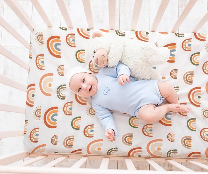 Jola's House 4 Pack N Play Sheets - Mini Crib Sheets Boho Nursery Sheets, Sunshine & Rainbow Design - Neutral Unisex Fitted Baby Crib Sheets for Baby Boys or Girls