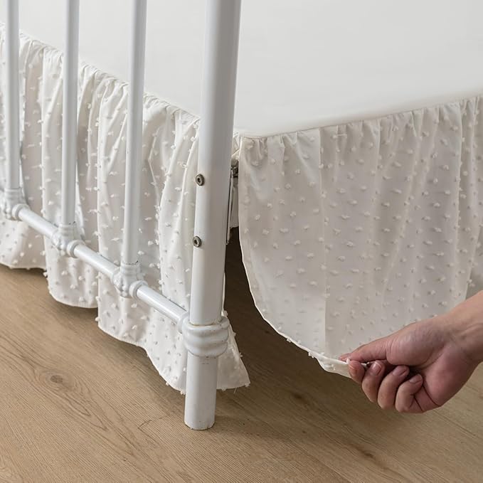 Tufted Dot Bed Skirt Queen Size Ruffled Bed Skirt with Split Corners, 16 Inch Drop Dust Ruffle Bed Skirts with Platform, Ivory
