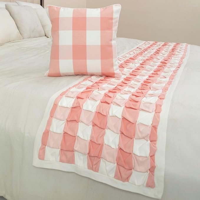 The HomeCentric King/Queen/Twin Peach Pink Decorative CA King 86"x18" Bed Runner with Pillow Cover, Textured & Buffalo Checks Bed Scarf on Cotton Fabric - Buffalo Plaid Peach