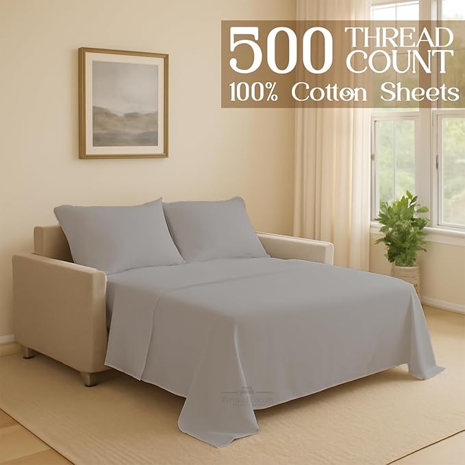 Sleeper Sofa 4 Piece Bed Sheet Set Premium Quality 100% Cotton 500 Thread Count, Smooth & Super Soft Sateen Weave, Extra Soft Bed Sheets, Wrinkle Free, 4 Inch Deep Pocket (Queen, Silver)