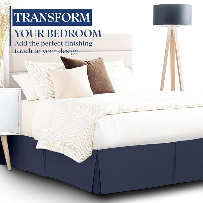 SKY BEDDINGS Luxury Pleated King Bed Skirt with Split Corners - 14 Inch Tailored Drop - Pleated Dust Ruffle - Wrinkle-Free 100% Microfiber - Easy Fit, Soft & Durable - Navy Blue