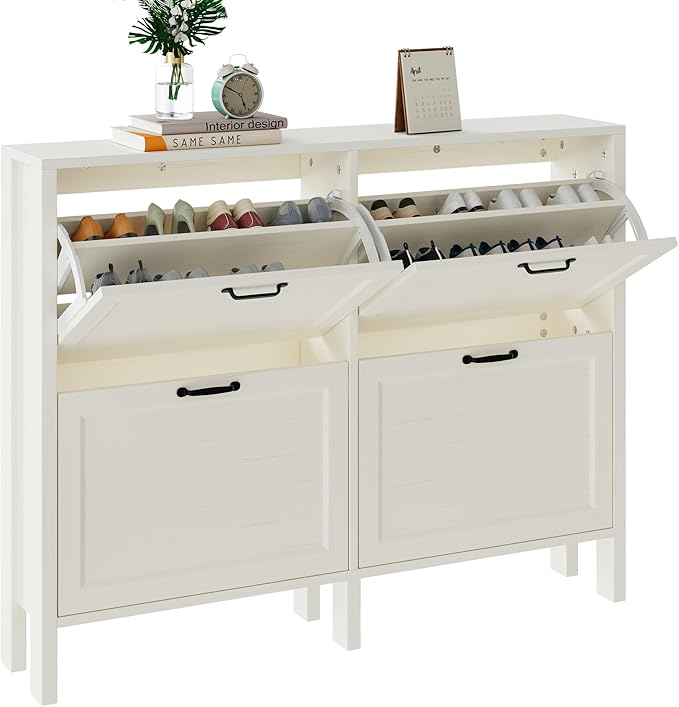 LOUVIXA Shoe Cabinet with 4 Flip Drawers, Narrow Shoe Storage Cabinet, Freestanding Shoe Cabinet Organizer, Hidden Shoe Rack Cabinet for Entryway, Hallway (4-Drawers, Off White/4-drawers)
