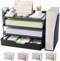 Kitsure Desk Organizer - 4-Tier Office Desk Accessories with Drawer ＆ Pen Holder, Tool-Free Assembly Organizer with Non-Slip Pads, for Office Supplies Storage, Plastic, 13.3" x 8.0" x 10.8", Black