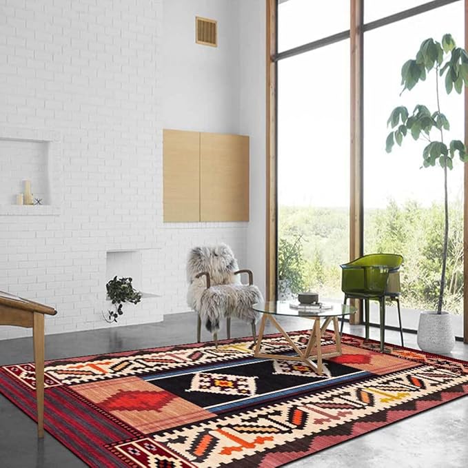 Vintage Boho Area Rugs Multicolor Ethnic Style Geometric Splicing Carpets Bedroom Living Room Kitchen Floor Mats Indoor Outdoor Non-Shedding Runner Rug Home Décor Carpet 3' X 7'