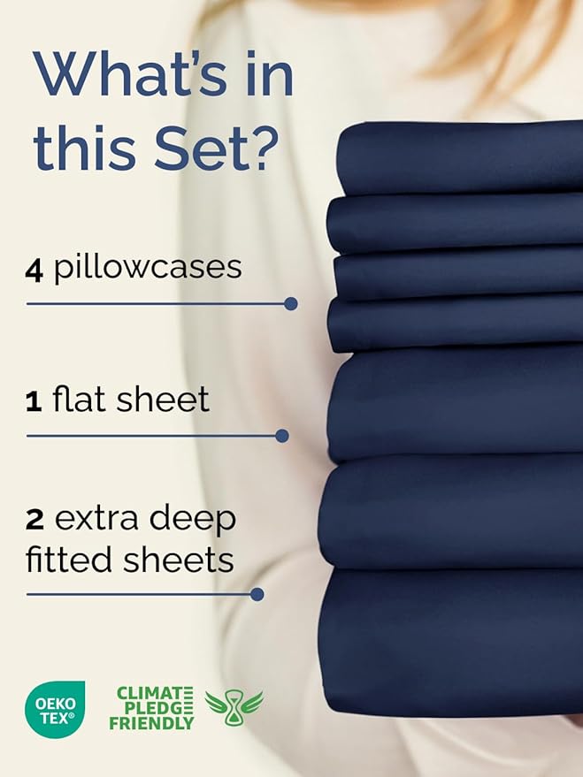 Extra Deep Split King Sheet Set - 7 Piece Breathable and Cooling Sheets - Hotel Luxury Bed Sheets Set - Easy Fit - Soft, Wrinkle Free and Comfy Sheets Set - Navy Blue Sheet Set with Extra Deep Pockets
