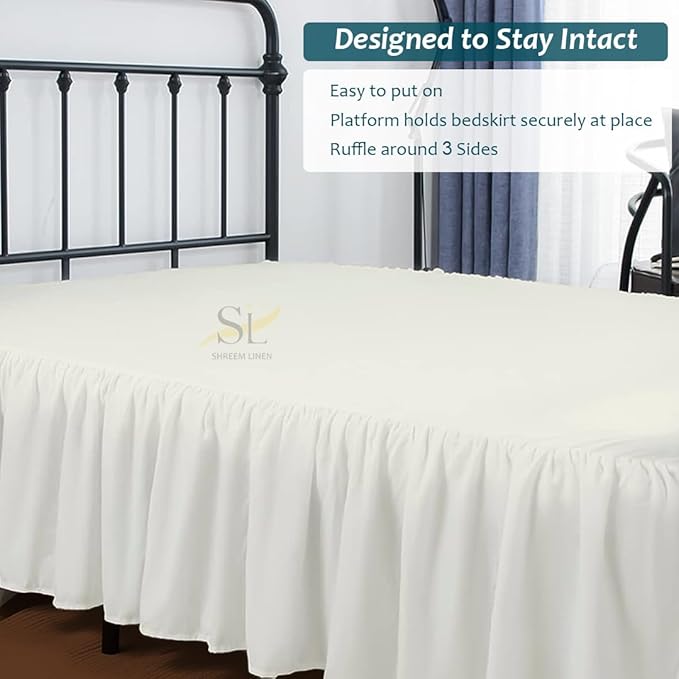 Shreem Linen Ruffled Bed Skirt with Split Corners, Gathered Style, 100% Microfiber, 24-Inch Drop, Dust Ruffle Bedskirt with Platform, Twin-XL, Ivory