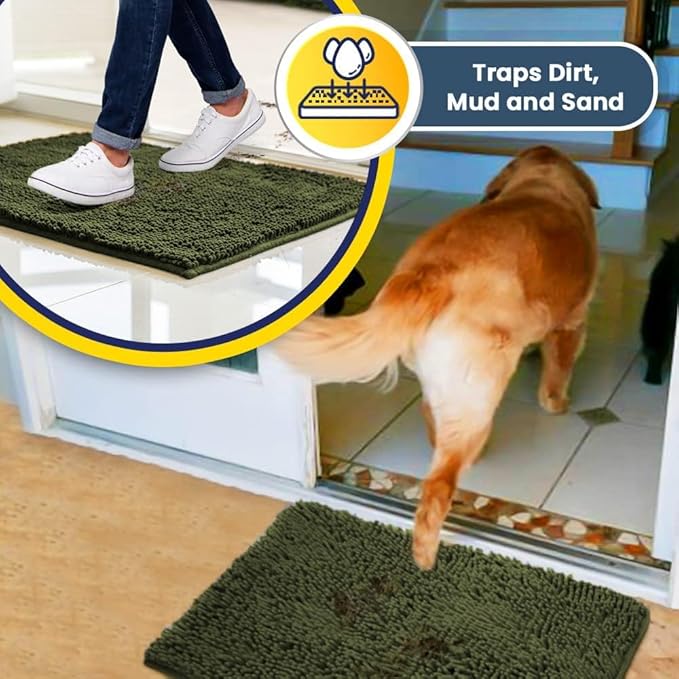 Muddy Mat® AS-SEEN-ON-TV Highly Absorbent Microfiber Door Mat and Pet Rug, Non Slip Thick Washable Area and Bath Mat Soft Chenille for Kitchen Bedroom Indoor and Outdoor - Army Green 24" x 96"