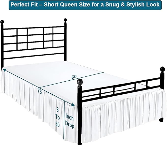 Shreem Linen Ruffled Bed Skirt with Split Corners, Gathered Style, 100% Microfiber, 28-Inch Drop, Dust Ruffle Bedskirt with Platform, Short Queen, White