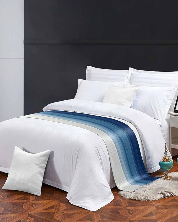 Abstract Navy Blue Ombre Stripe Art Bed Runners for Bedroom Hotel,Decorative Bedding Scarf Modern Color Line Texture Bed End Blanket Bedding Runner Scarves for Twin Size Bed,71x20in