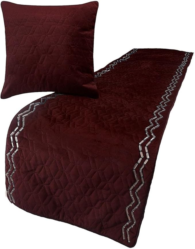 The HomeCentric King Queen Twin Deep Wine Handmade CA King 86"x18" Bed Runner Without Pillow Cover, Quilted & Crystals Bed Scarf on Velvet Fabric - Diamond Symphony