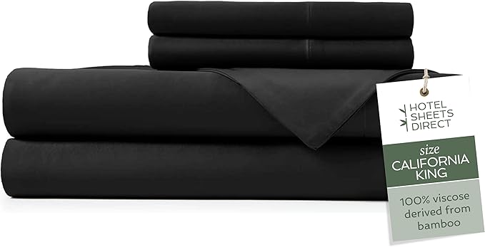 Hotel Sheets Direct 4 Piece Bed Sheet Set California King Size, 100% Viscose Derived from Bamboo Sheets Set with 2 Pillowcases, Cooling & Breathable Luxury Bedding, Moisture-Wicking, Silky Soft, Black