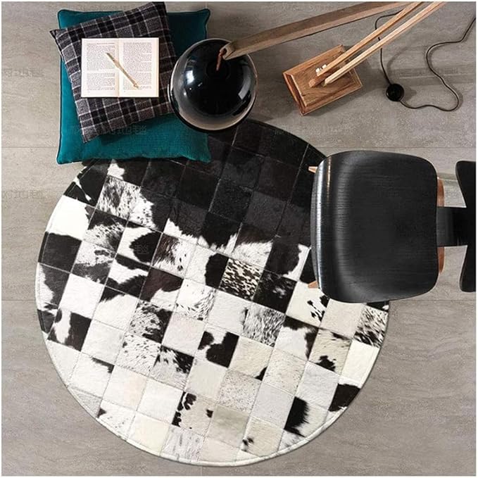 Cowhide Round Leather Rug 9x9 ft – Genuine Hair-On Hide Patchwork Area Rug for Living Room, Bedroom, Kids Playroom, Lounge & Western Home Decor