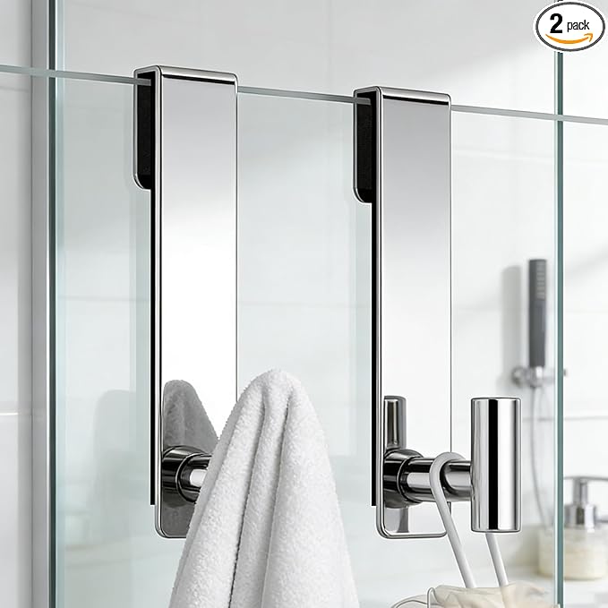 PMMASTO Shower Door Hooks, (7.5 Inch) Extended Towel Hooks for Bathroom Frameless Glass Shower Door, Stainless Steel Heavy Duty Hooks (Polished Silver, T Shape-Fits 3/8" Thick Door)