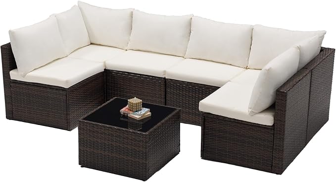 DUMOS 7 Piece Outdoor Patio Sectional Sofa, Modular Wicker Furniture Set